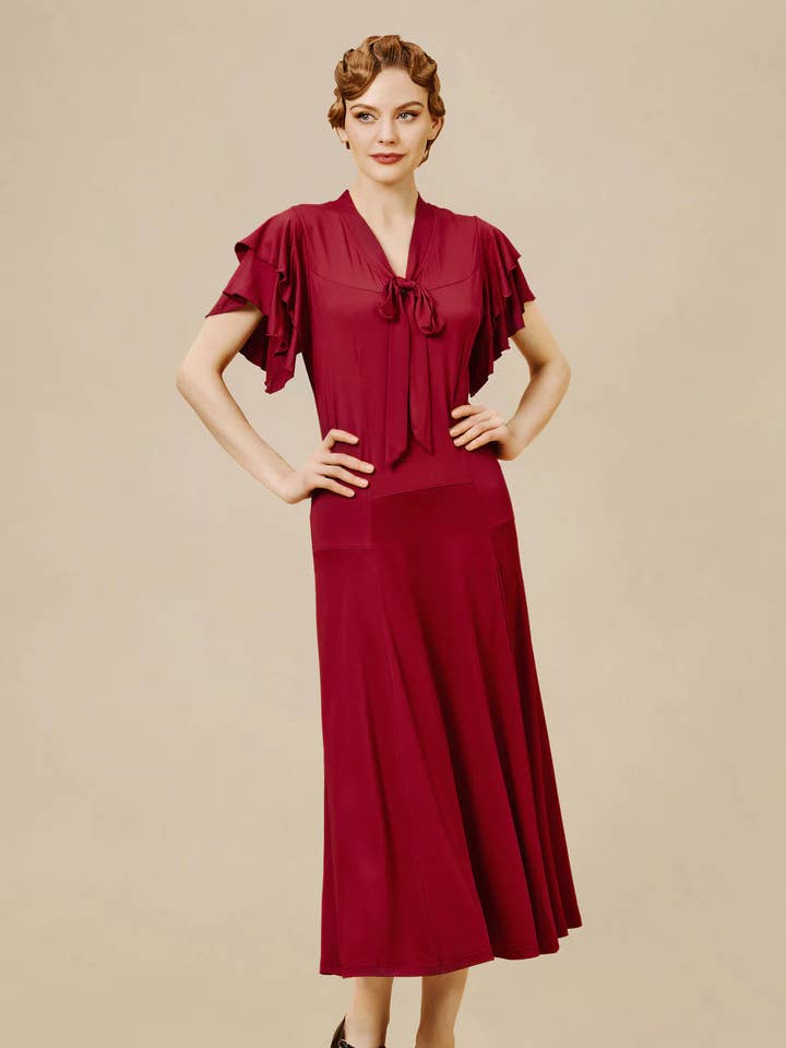 BABEYOND - Wholesale Dress - Women's - Vintage Tie Neck Midi Ruffle Dress1