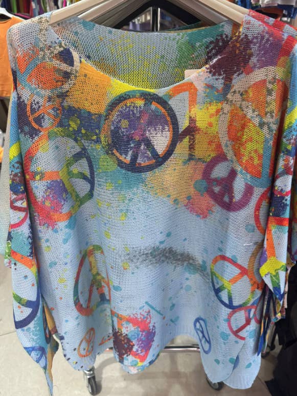 LOOWIE - Wholesale Knit Sweater - Women's - 19BL Blue Peace & Love Knit Printed Sweater LOOWIE
