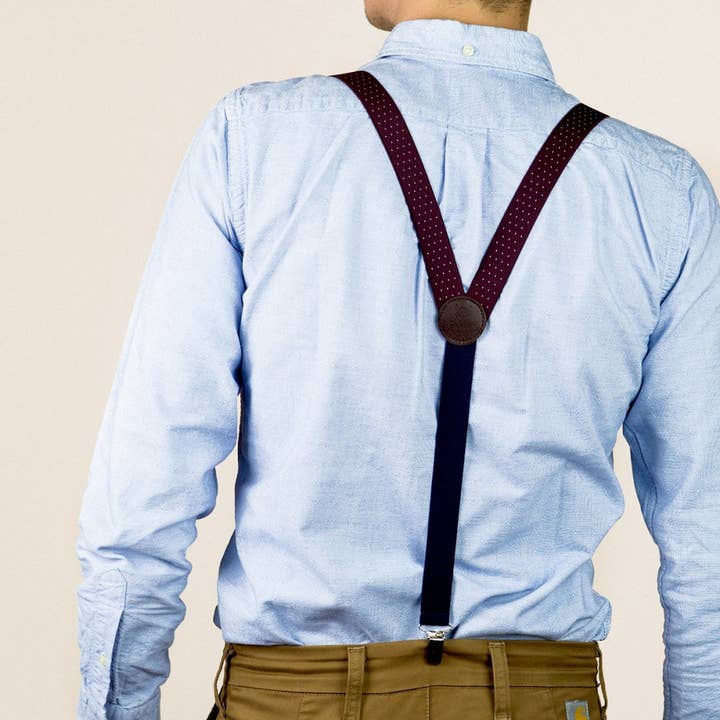 Bertelles - Venta al por mayor Tirantes - Hombre - Tirantes finos con clips color vino con lunares blancos3