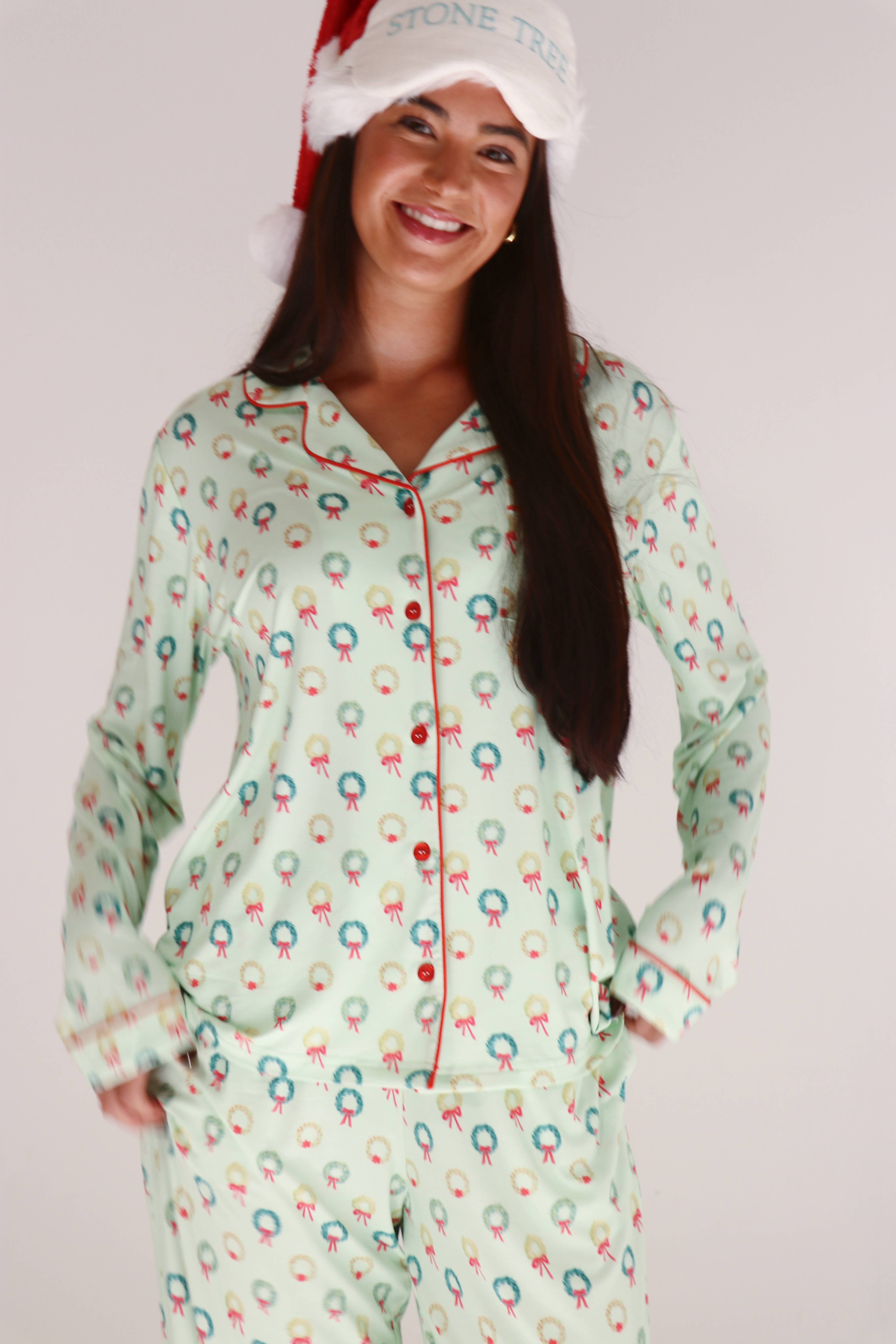 Stone Tree Pajamas - Wholesale Sleepwear Set - Women's - The Classic Long Set - Wrap Me in Wreaths1
