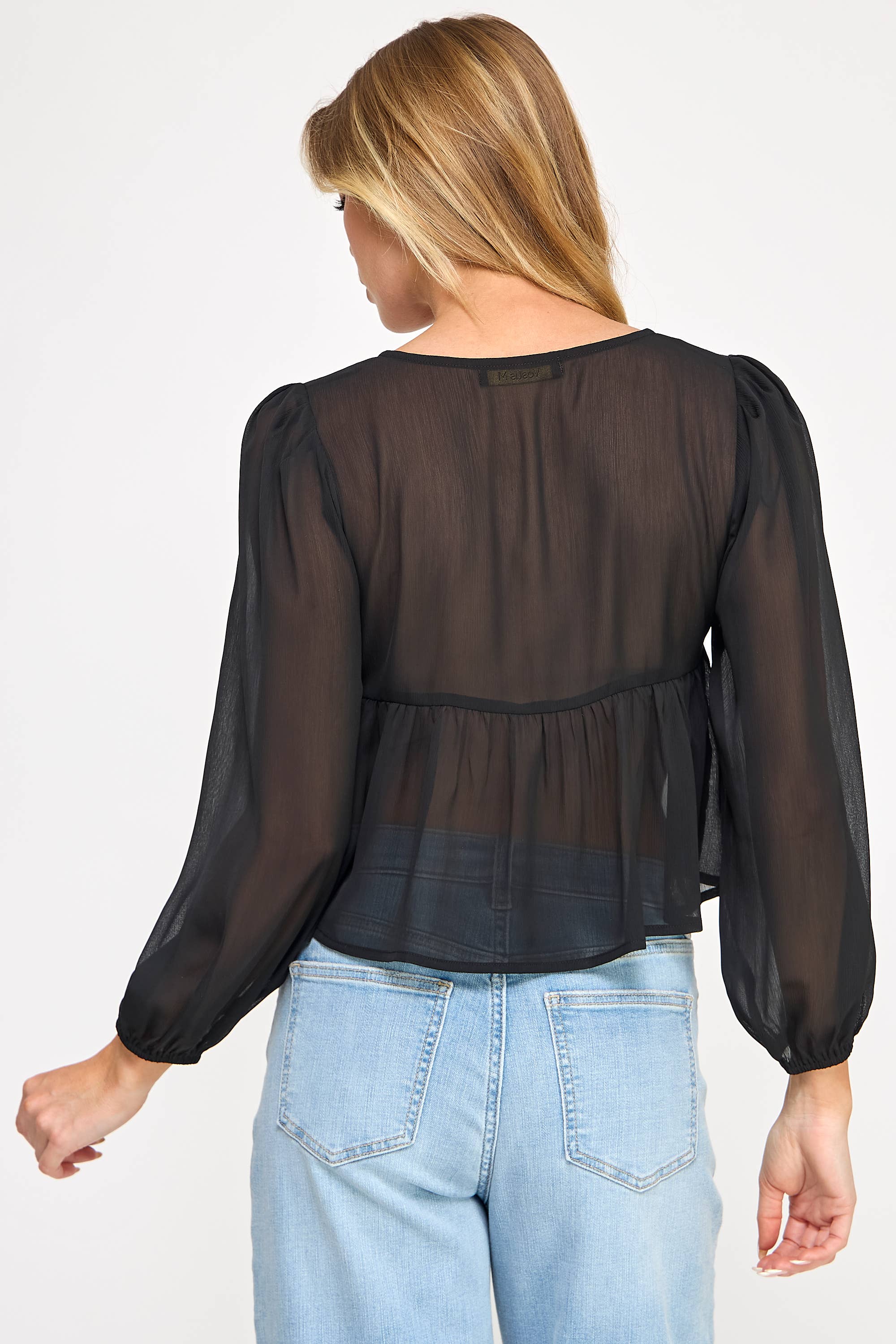 Vestis M - Vente Chemisier – femme - Haut à manches bouffantes transparentes en chiffon à encolure carrée - Noir4