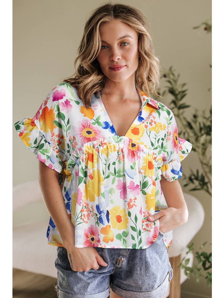 1 the Woman - Wholesale Blouse - Women's - Floral Boxy Fit Ruffled Short Sleeve V Neck Blouse