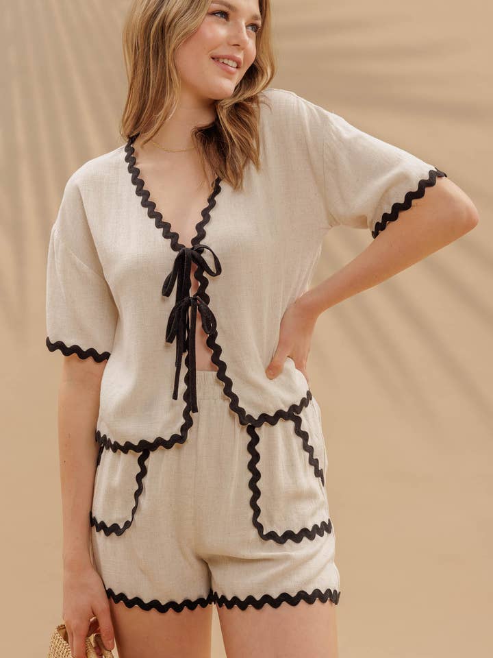OATMEAL CONTRAST WAVY TRIM FRONT TIE TOP & LINEN SHORT SET for wholesale on Faire
