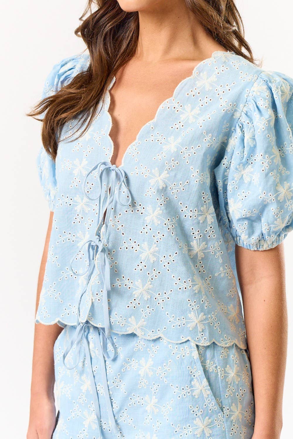 Blue Blush - Wholesale Top & Short Set (NOT Loungewear) - Women's - IBS32189 Linen Eyelet Tie Front Top with Matching Shorts1