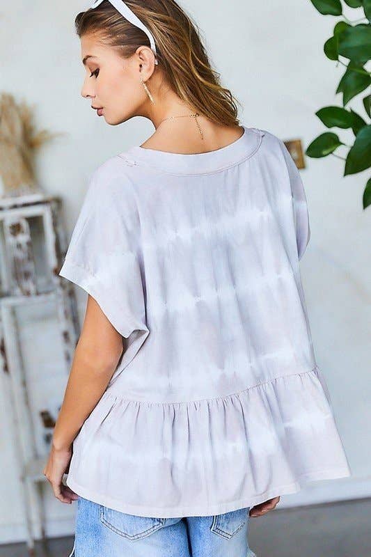 GREY V Neck Drop Shoulder Baby Doll Tie-Dye Top for wholesale on Faire12