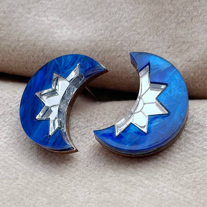 Aurora Mini Moon Stud Earrings - Cobalt Blue & Silver for wholesale by Rosa Pietsch