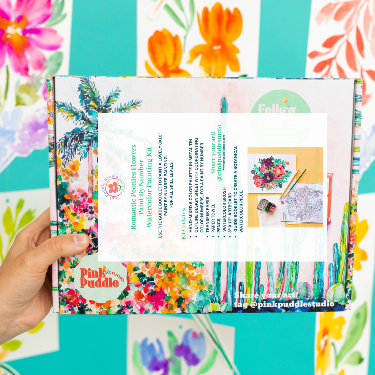 Pink Puddle Studio - Wholesale DIY Craft Kit - Romantic Flowers Peony Watercolor Paint by Number DIY Kit5