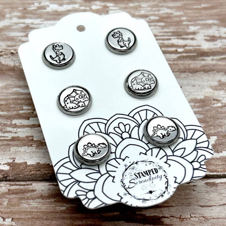 Stamped Serendipity - Wholesale Jewelry Set - Stud Earring Trio Cards-Dinosaurs T Rex, Triceratops, Stego1