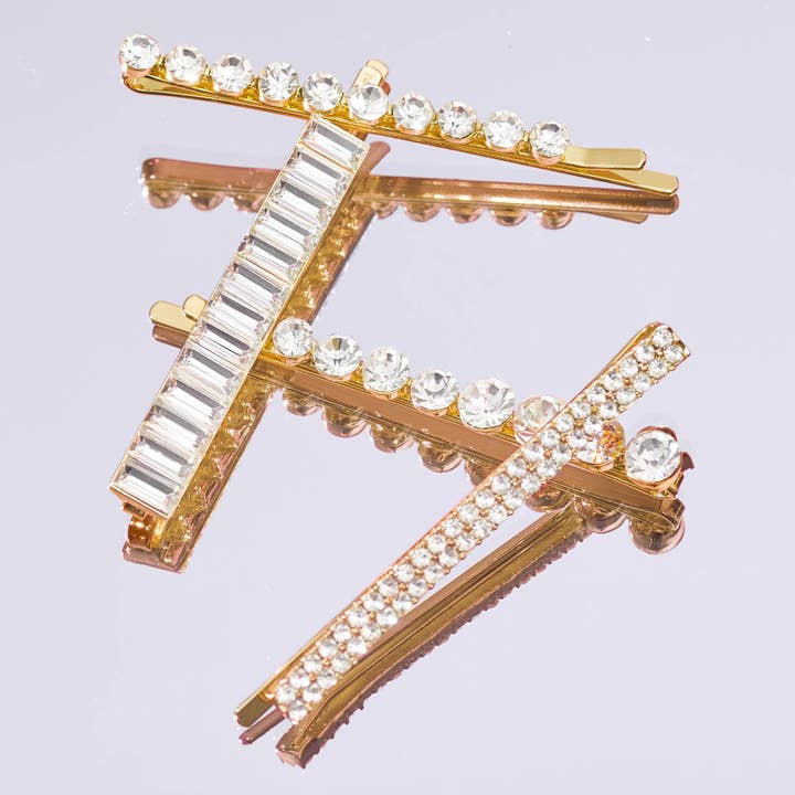 KITSCH - Wholesale Bobby pin – Women’s - Metal Rhinestone Assorted Bobby Pins 4pc Set - Gold4