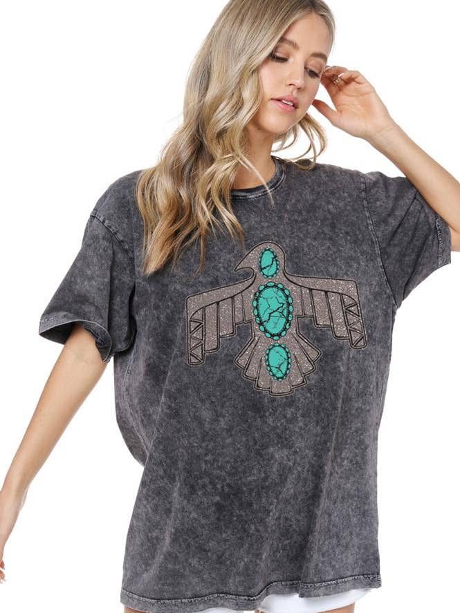 METALLIC' Aztec Thunderbird Graphic S/S Washed Boyfriend Tee for wholesale by Zutter