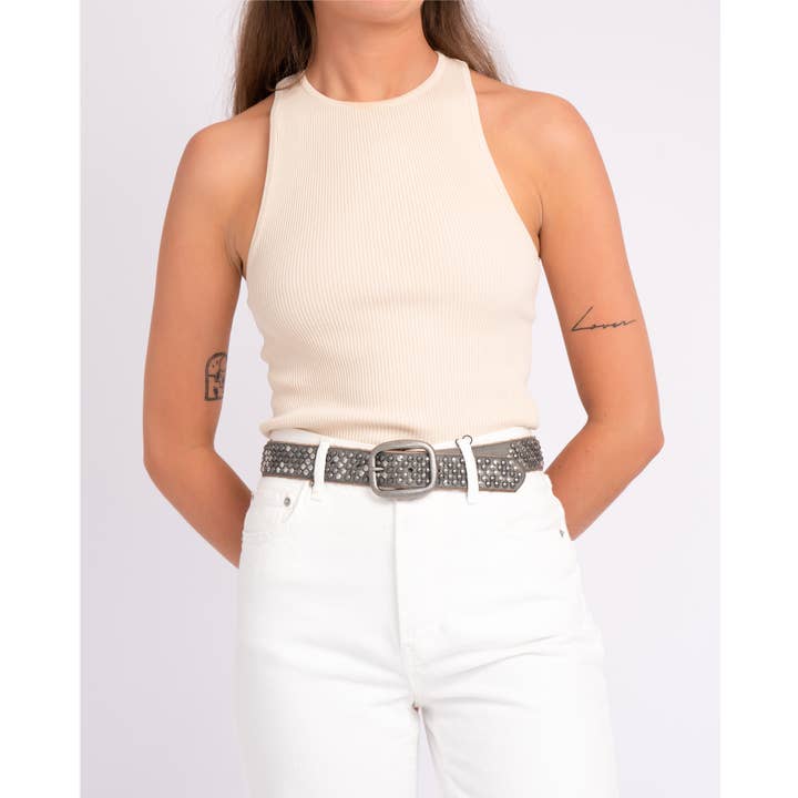 Amsterdam Heritage Leather Belts, Bags, Jackets & Apparel - Wholesale Belt - Women's - Britta | Vintage Silver Buckle Studded Leather Belt Women