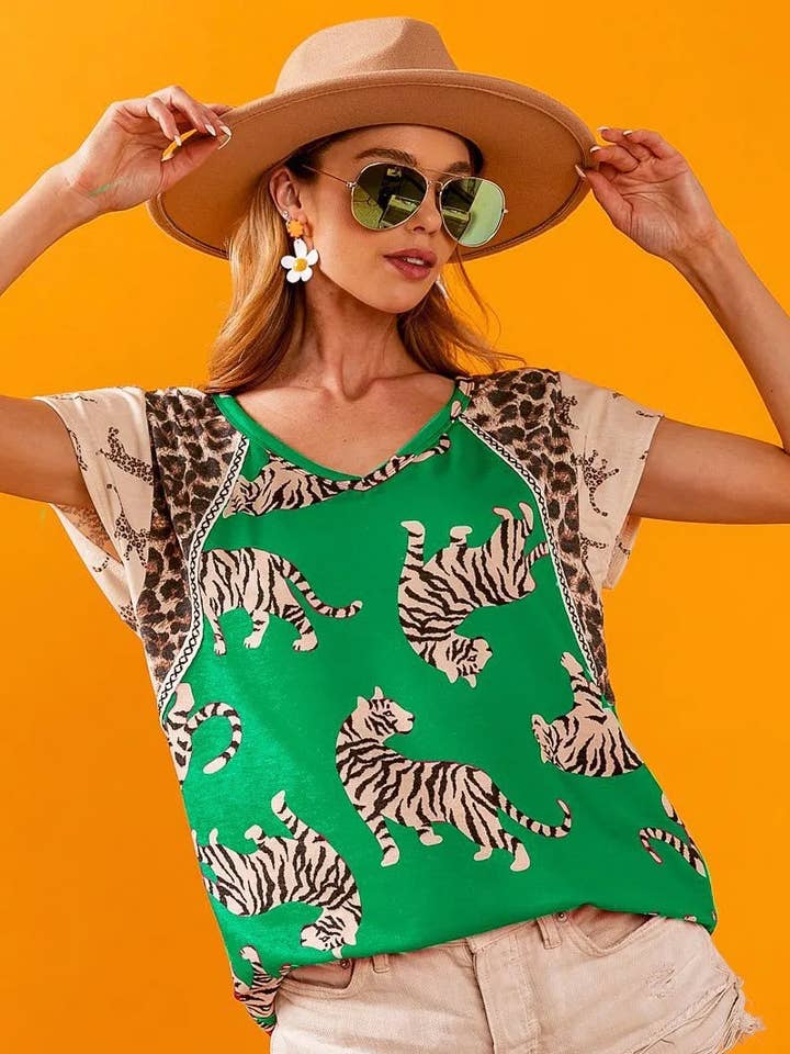 Maglietta a blocchi in jersey stampato BiBi Tiger con rifiniture azteche per la vendita all'ingrosso da parte di Garden Naked