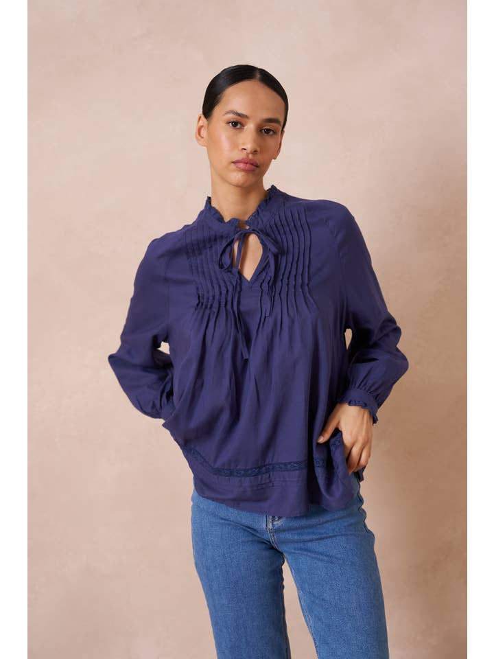 Attentif Paris - Vente Chemisier – femme - Blouse contenant du lin avec col volanté et noeud12
