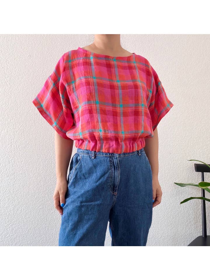 Joolee - Wholesale Blouse - Women's - Pink check linen top4