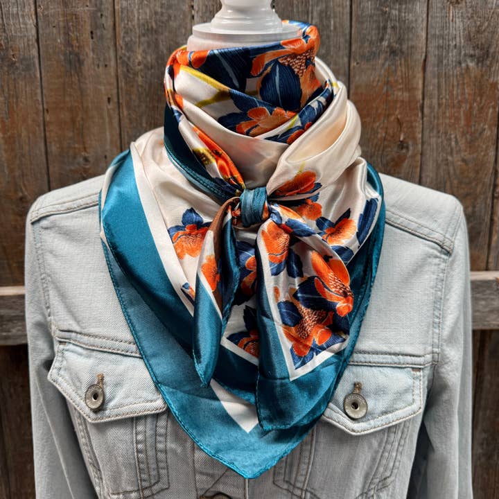 Rodeo Drive - Wholesale Scarf – Women's - 35X35" White and Teal Floral Wild Rag / Scarf WR34412