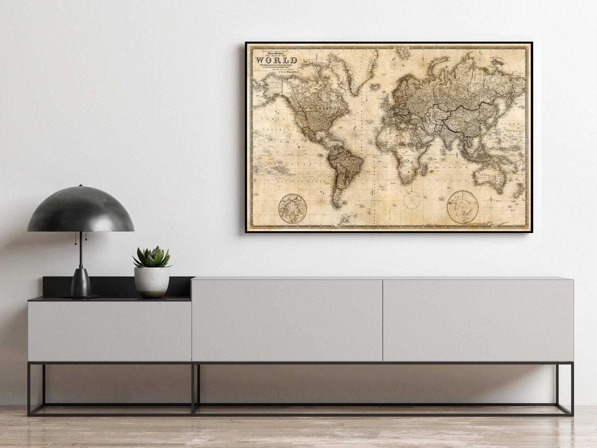 OldCityPrints - Old Maps and Posters - Wholesale Map - Big Old World Map 1849 Vintage Atlas Mercator Projection Sepia | World Map Gift World Map Print | Vintage World Map | World Map Wall Art1