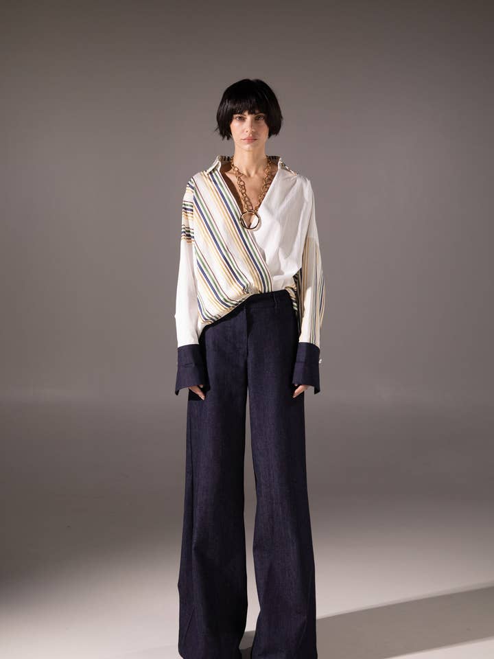 Cotton shirt with denim cuffs and cufflinks for wholesale by simona bonacci