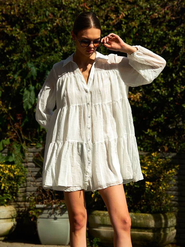 Cream Oversize Linen Midi Front Buttoned Shirt Dress for wholesale by Design company-Fatma Balkir