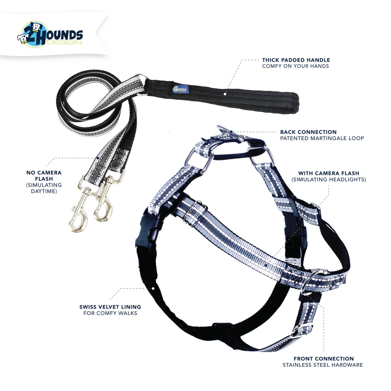 2 Hounds Design - Vente Harnais – chien - Harnais réfléchissant Freedom sans traction pour chien avec laisse1