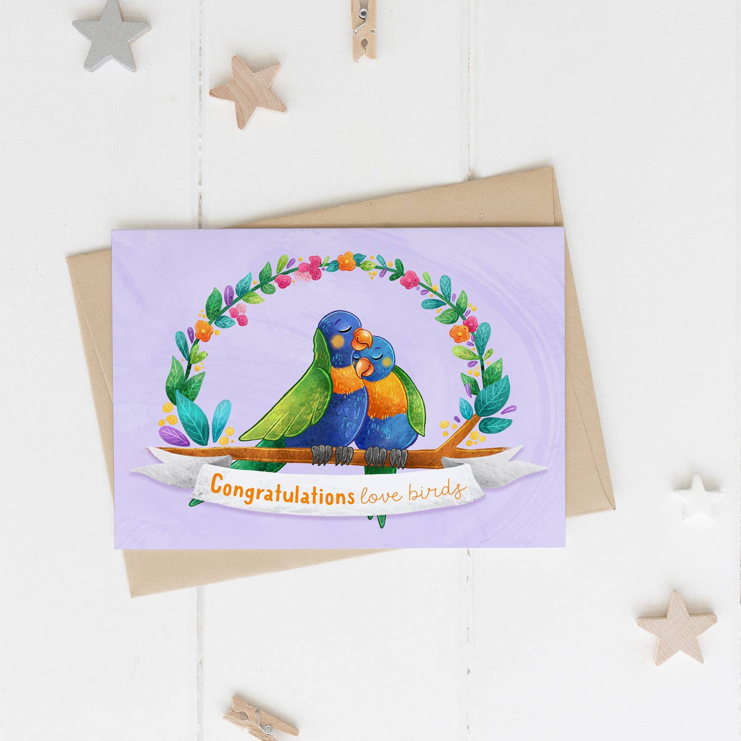 Stray Leaves - Vente Faire-part de mariage - Carte de mariage de félicitations, Love Birds, loriquet arc-en-ciel4