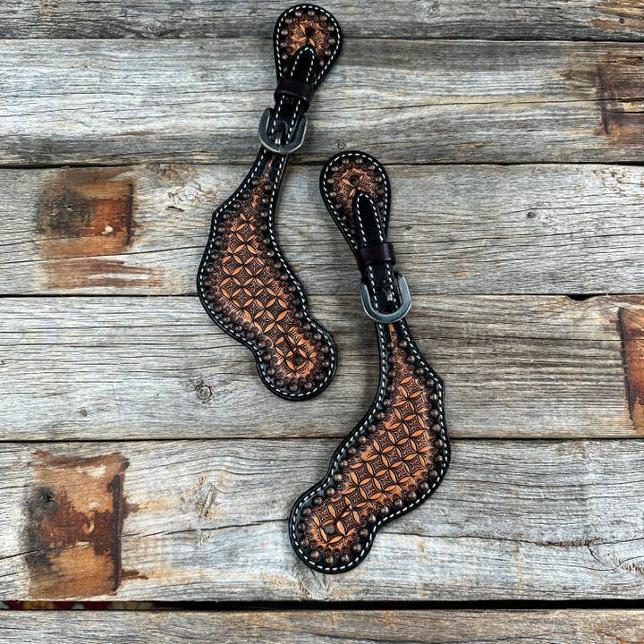 Two Tone Honeycomb Tooled Spur Straps for wholesale by Rodeo Drive