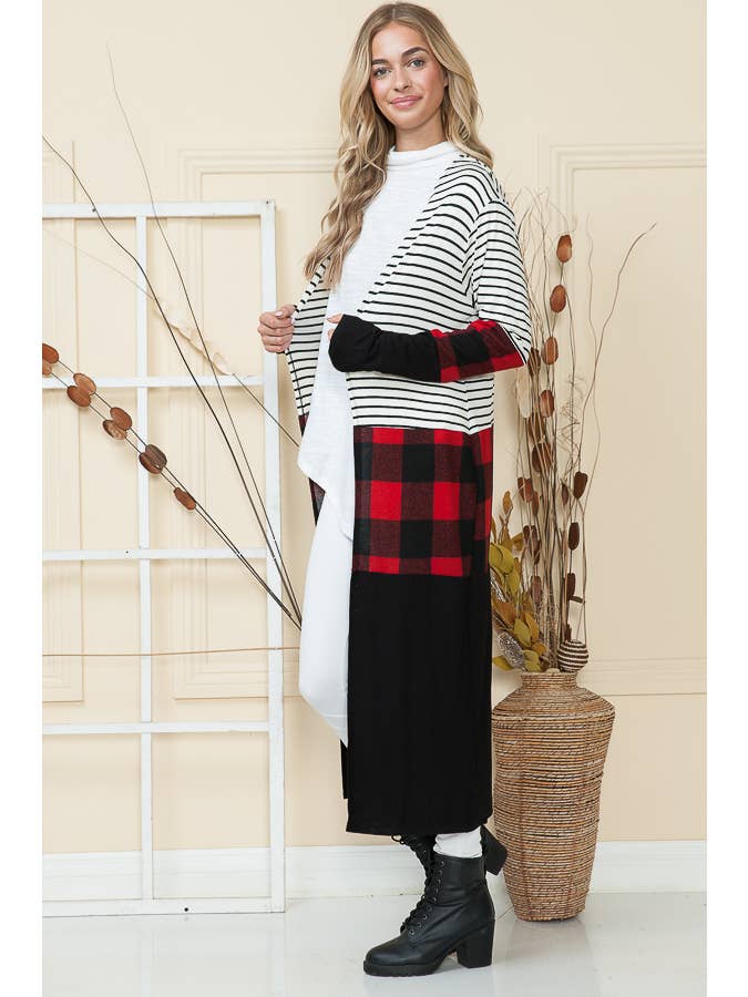 MAXI STRIPE AND PLAID COLOR BLOCK OPEN CARDIGAN for wholesale on Faire6