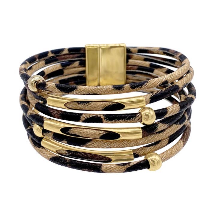 Adornia - Vendita all'ingrosso Bracciale a polsino - Bracciale a più fili con stampa leopardata e finitura oro0