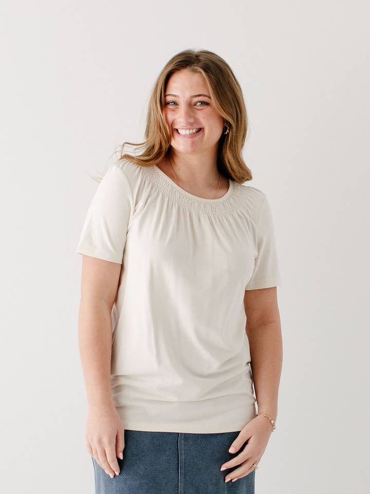 'Bethany' Smocked Detail Short Sleeve Top for wholesale by The Main Street Exchange