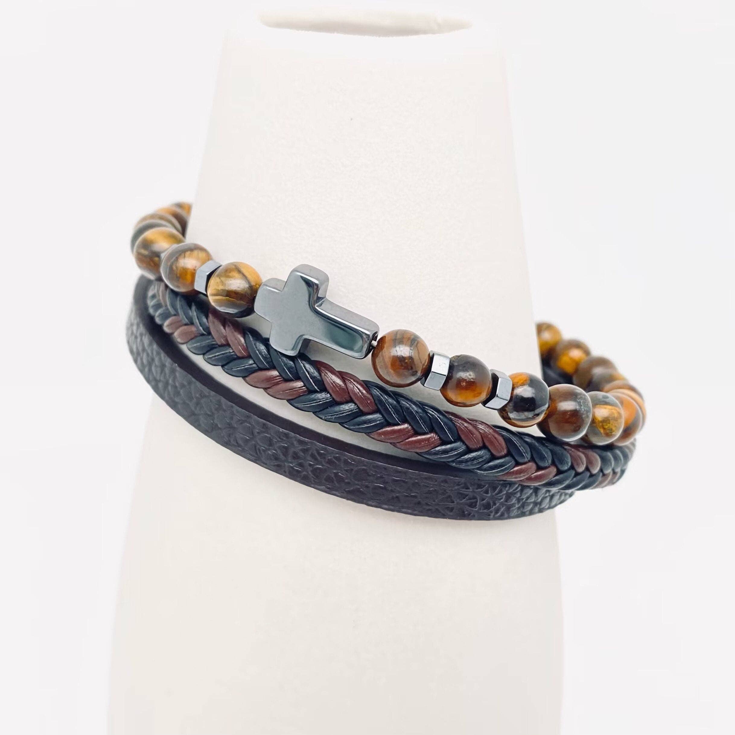 Mio Queena - Vente Bracelet jonc - Bracelet homme en cuir avec croix et perles en pierre naturelle - MJ/BC0