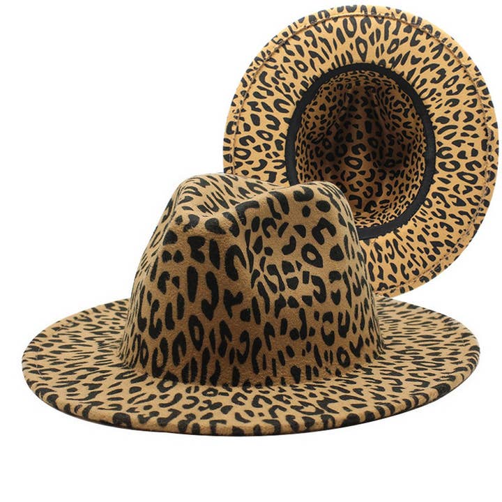 CAMEL FEDORA LEOPARD PRINT HAT JAZZ WIDE BRIM HAT_CWAH2563 for wholesale on Faire