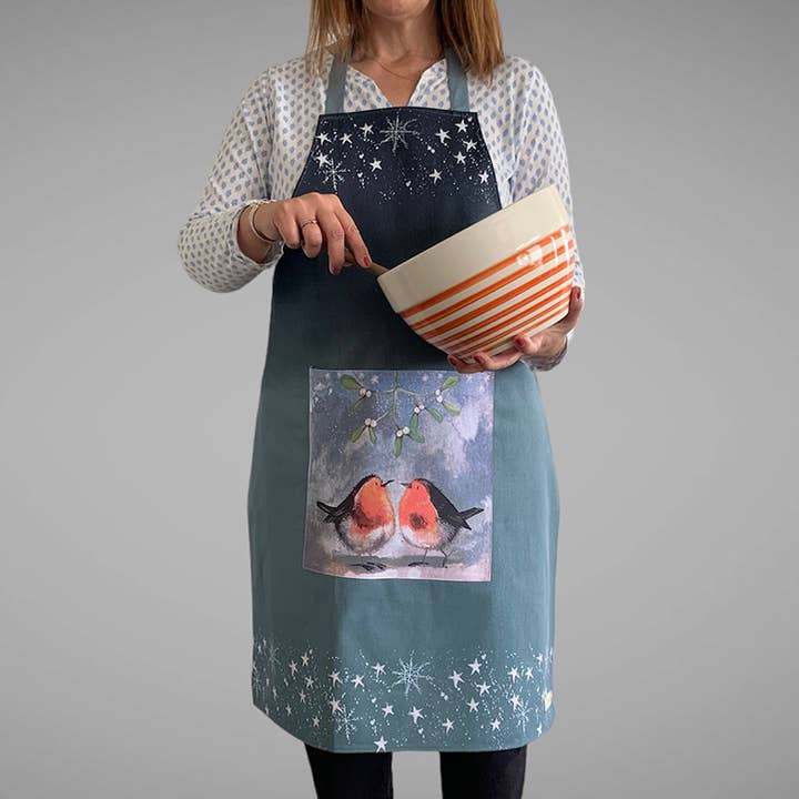 Tablier de Noël avec rouges-gorges et gui pour la vente par Alex Clark Art