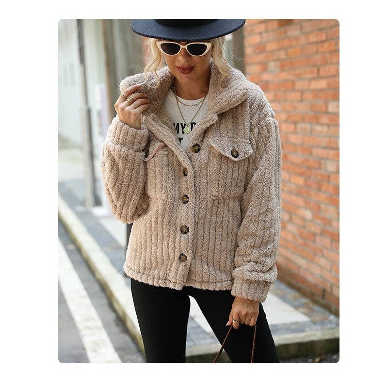 LIGHT COFFEE Double-Sided Fleece Solid Color Lapel Single Breasted Outerwear for wholesale on Faire4