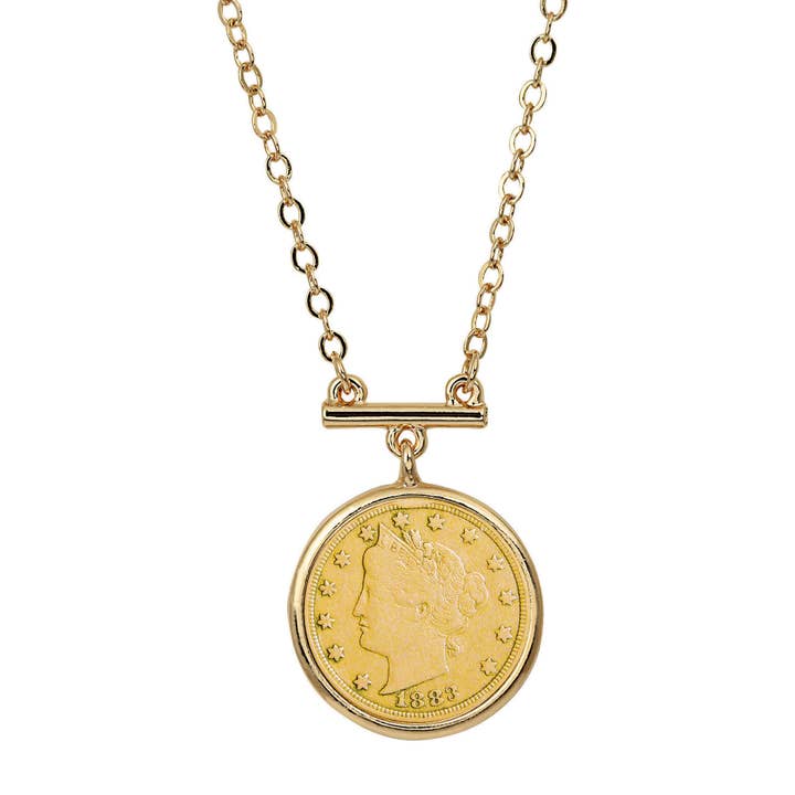 Gold Layered Liberty Nickel Coin Goldtone Bar Necklace for wholesale by American Coin Treasures