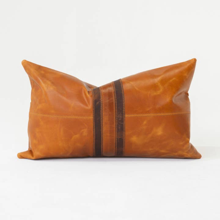 Voyager Leather Black Stripe Tan Lumbar Cushion 35 x 53cm for wholesale by BHD HOME