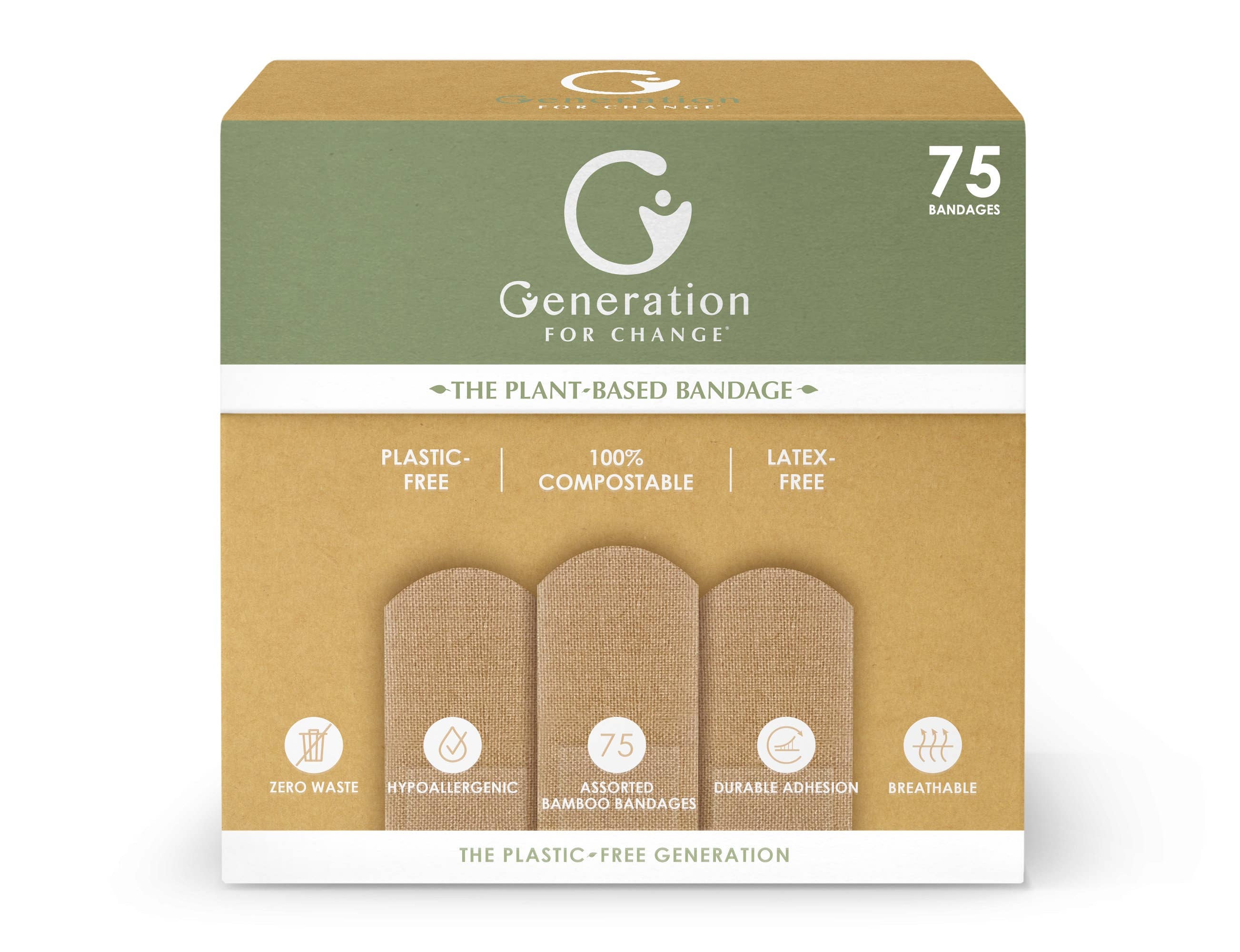 Generation For Change - Vente Pansement/bandage - Le pansement à base de plantes de Generation for Change | 75 bandages en bambou compostables | Emballage varié - Aloe vera, charbon actif et bambou naturel | Sans PFAS !6