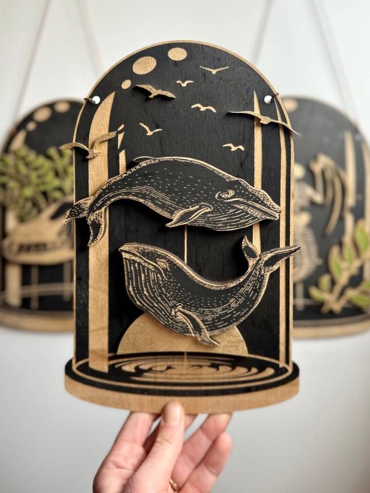 Sunset Whales Curiosity Dome | Layered Wood for wholesale by Faux Theory Design