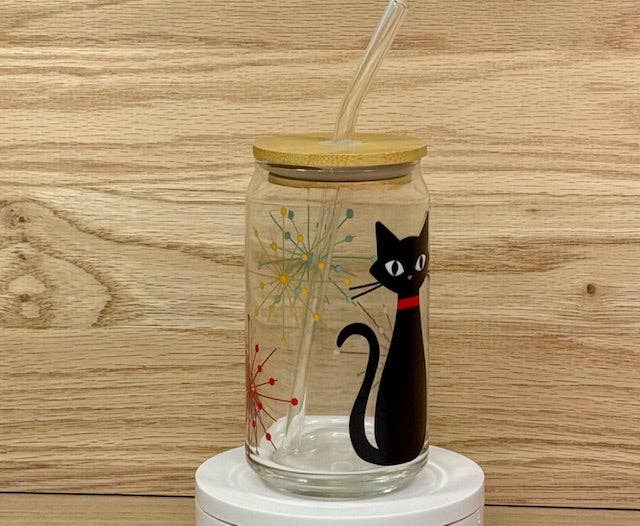 Astro Bettie - Wholesale Drinking Glass/Cup - Atomic Cat Glass with Bamboo Lid and Straw