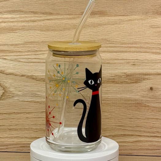 Astro Bettie - Wholesale Drinking Glass/Cup - Atomic Cat Glass with Bamboo Lid and Straw0