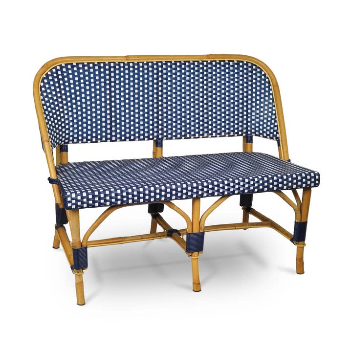 Lyon French Bistro Rattan Banquette/Bench, 2-Seater - Small Squares, Navy Blue/White for wholesale by BONNECAZE
