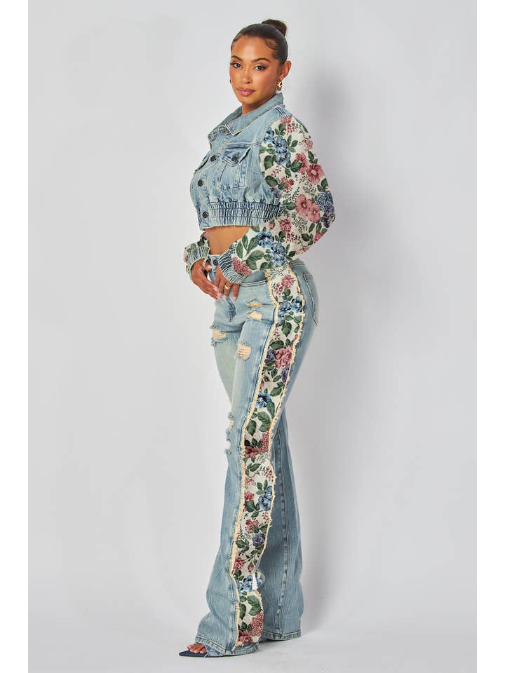 Pink Flower Print Tapestry Denim Blend Jeans for wholesale on Faire