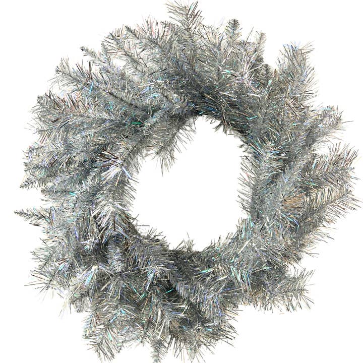 David Christopher's Collection - Wholesale Wreath - 24” Silver Tinsel Wreath with 140 Tips