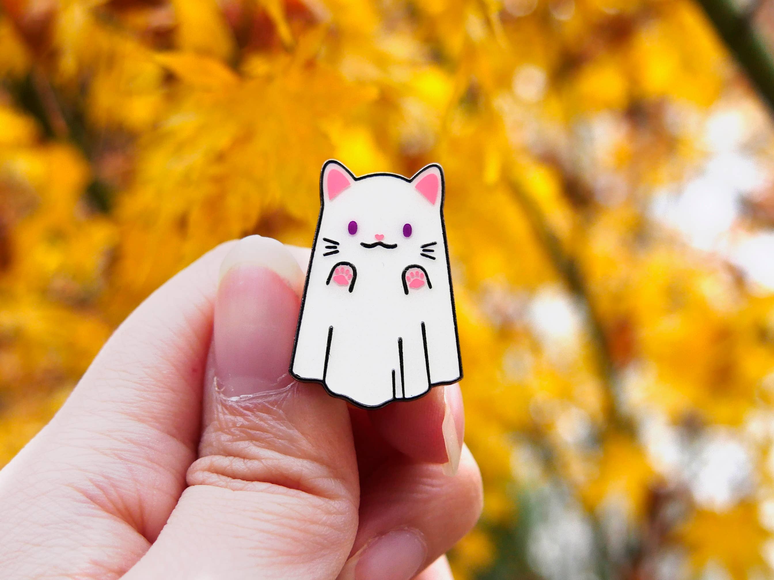 Meg-chan Doodles - Wholesale Lapel Pin/Button - Halloween Cat Enamel Pin | Ghost Paw Kitty Costume1