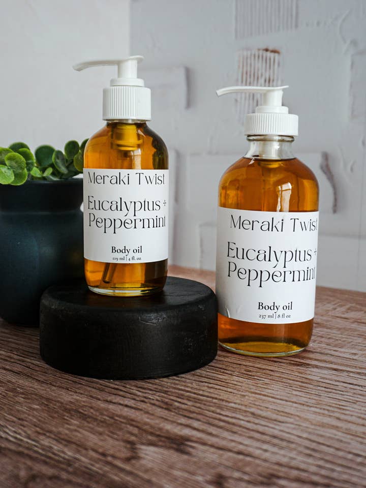 Huile pour le corps Eucalyptus + Menthe poivrée pour la vente par Meraki Twist