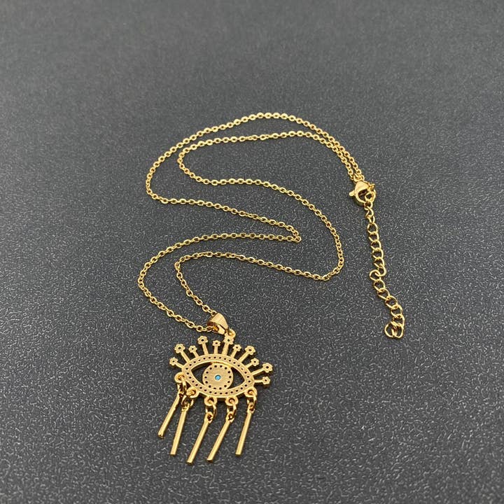 Mio Queena - Wholesale Pendant/Charm Necklace - Sparkling Colored CZ Evil Eye Charm Golden Necklace