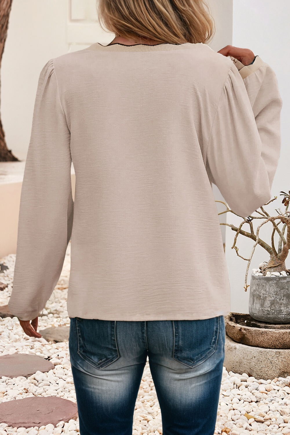 Jet Stream LDC Contrast Scallop Trim V Neck Long Sleeve Blouse for wholesale on Faire2