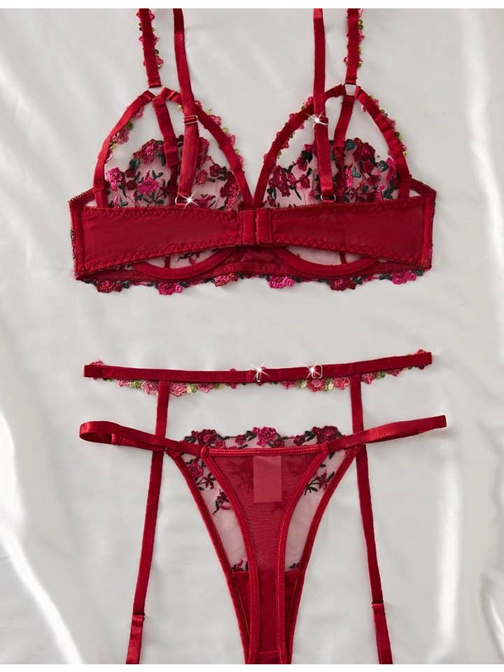 Wine Ladies Floral Embroidery See Through 3PCSÂ Lingerie Set XX0170 for wholesale on Faire