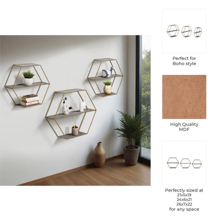 Sagebrook Home – wholesale Vägghylla – Guld 21/24/26 tum Trä Hexagon Vikbar Vägg Hylla (Set om 3)