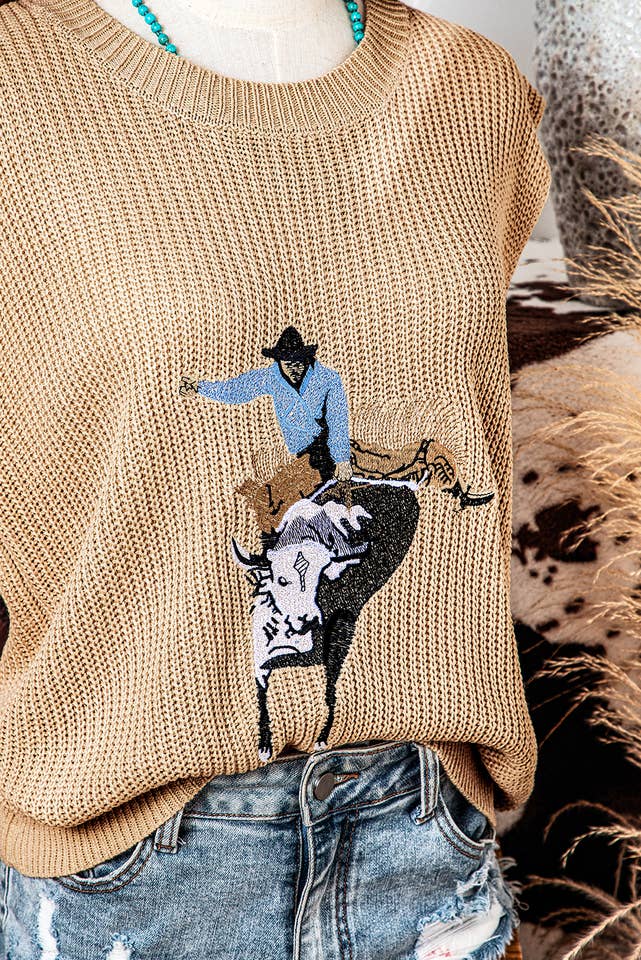 As shown Fashion Western Cowboy Embroidery Sleeveless Sweater for wholesale on Faire9
