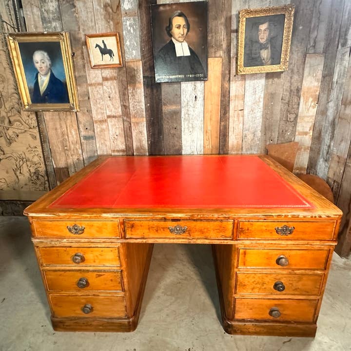 Antique Edwardian Pine Partners Leather Top Desk, C 1890 for wholesale by belvoir