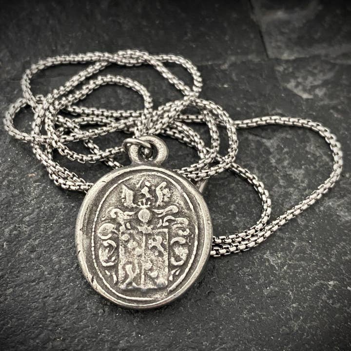 Men's necklace with a wax seal charm, stamped from original antique seal , 20 or 24 inch necklace ST-008 for wholesale by Johnny Ltd.